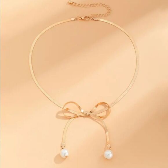 Bohemian Bow Choker Pearl Pendant Necklace on Gold or Silver Plated Tone - Picture 11 of 13